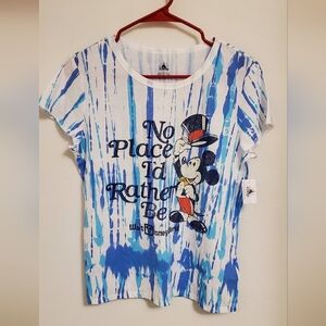 Disney Parks Women's No Place I'd Rather Be Blue Tie-Dye Mickey Mouse T-Shirt